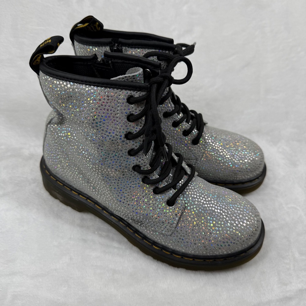 Dr. Martens 1460 Silver Holo Glitter Combat Boots Side Zip Kids Shoes M4 L5